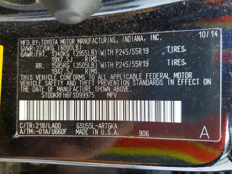 61672946 :رقم المزاد ، 5TDDKRFH6FS099975 vin ، 2015 Toyota Highlander مزاد بيع