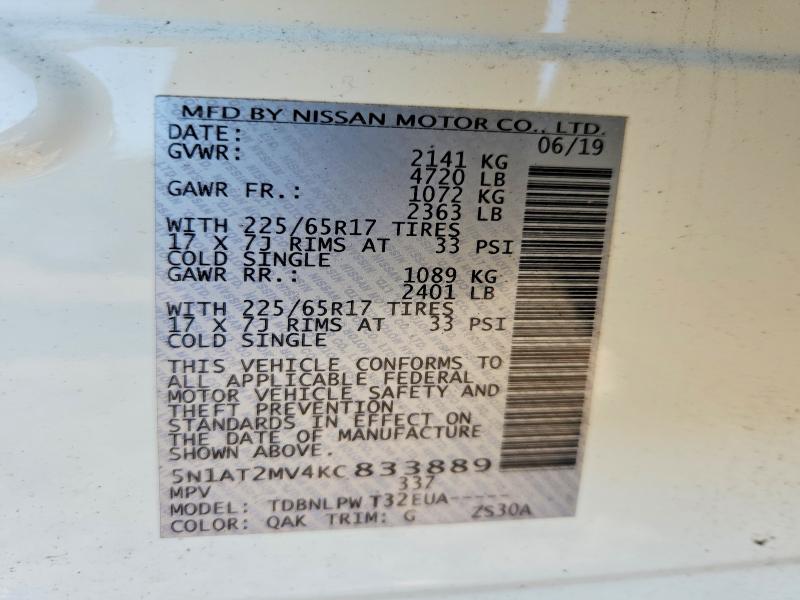 Продажа на аукционе авто 2019 Nissan Rogue, vin: 5N1AT2MV4KC833889, номер лота: 60400336