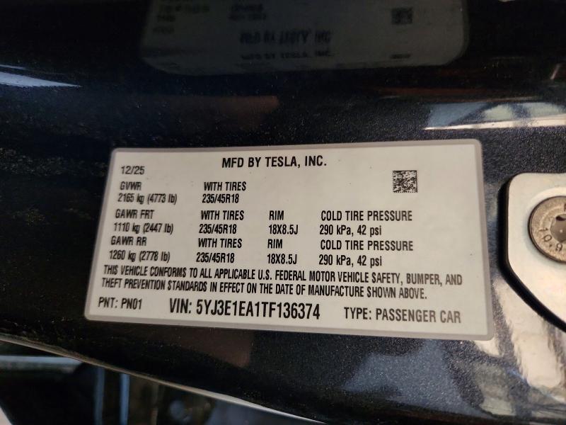 61969356 :رقم المزاد ، 5YJ3E1EA1TF136374 vin ، 2026 Tesla Model 3 مزاد بيع