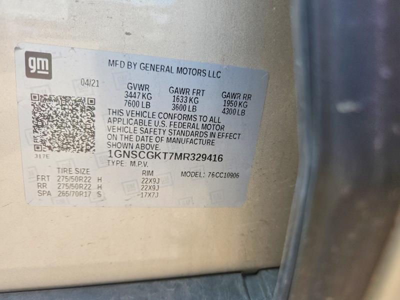 2021 Chevrolet Suburban მანქანა იყიდება აუქციონზე, vin: 1GNSCGKT7MR329416, აუქციონის ნომერი: 59640186