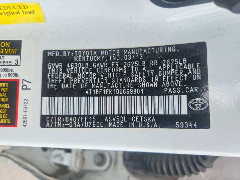 2013 Toyota Camry მანქანა იყიდება აუქციონზე, vin: 4T1BF1FK1DU669801, აუქციონის ნომერი: 59883606