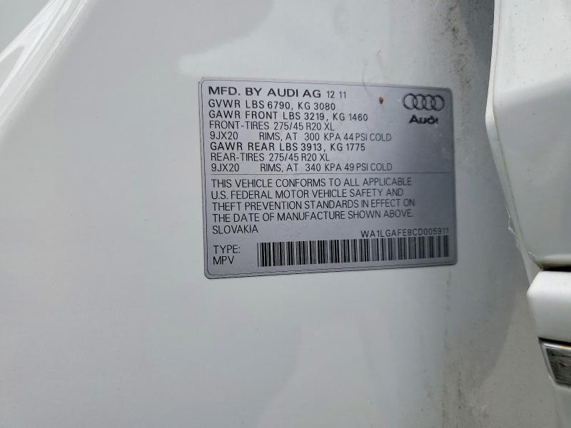 60695226 :رقم المزاد ، WA1LGAFE8CD005911 vin ، 2012 Audi Q7 مزاد بيع