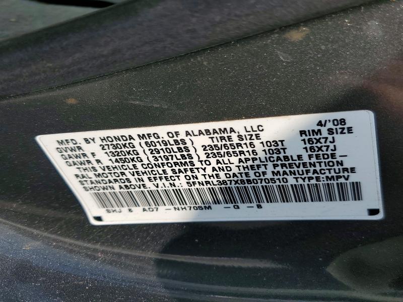 2008 Honda Odyssey მანქანა იყიდება აუქციონზე, vin: 5FNRL387X8B070510, აუქციონის ნომერი: 62724046