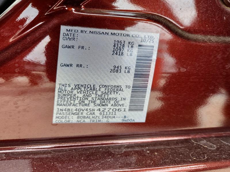 2025 Nissan Altima მანქანა იყიდება აუქციონზე, vin: 1N4BL4DV4SN427061, აუქციონის ნომერი: 61429736