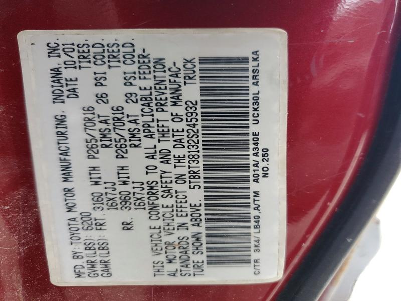 2002 Toyota Tundra მანქანა იყიდება აუქციონზე, vin: 5TBRT38132S245932, აუქციონის ნომერი: 59386766