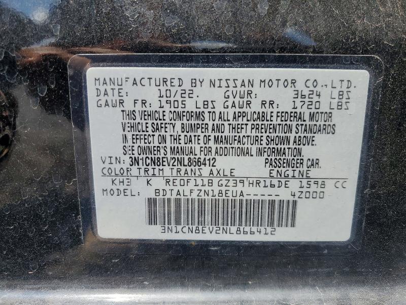 2022 Nissan Versa მანქანა იყიდება აუქციონზე, vin: 3N1CN8EV2NL866412, აუქციონის ნომერი: 59646156