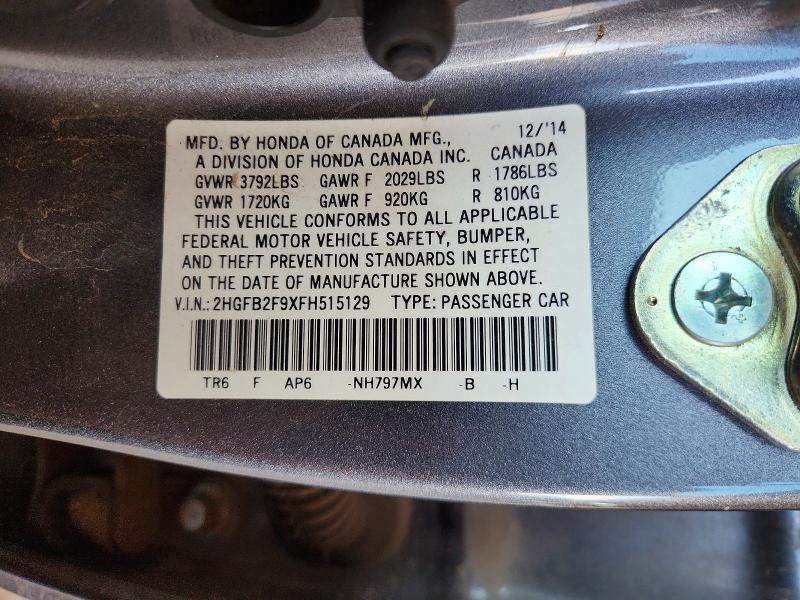 Продаж на аукціоні авто 2015 Honda Civic, vin: 2HGFB2F9XFH515129, номер лоту: 61249936