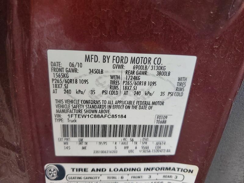 Продаж на аукціоні авто 2010 Ford F150, vin: 1FTEW1C88AFC85184, номер лоту: 59883186
