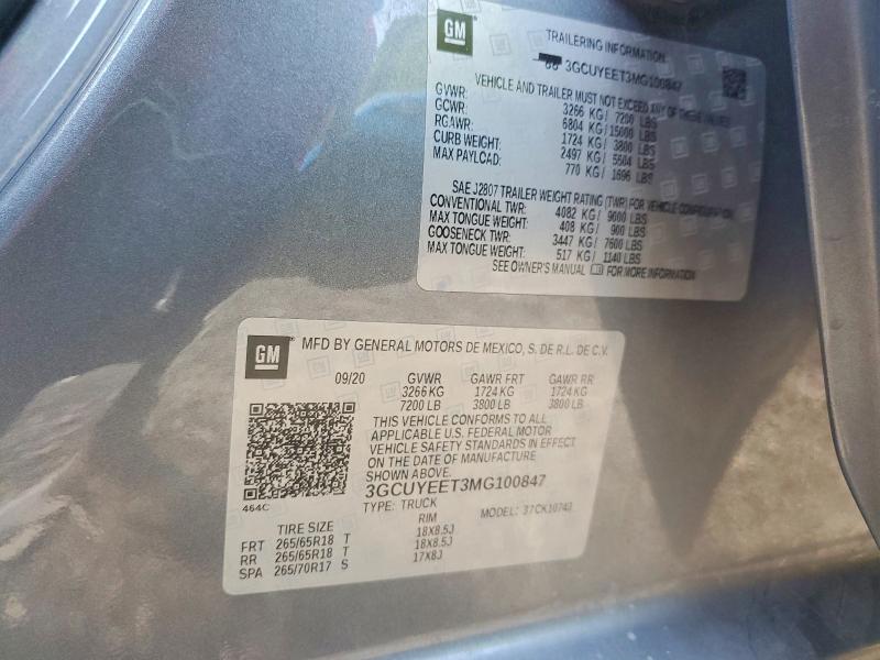 2021 Chevrolet Silverado მანქანა იყიდება აუქციონზე, vin: 3GCUYEET3MG100847, აუქციონის ნომერი: 60834106