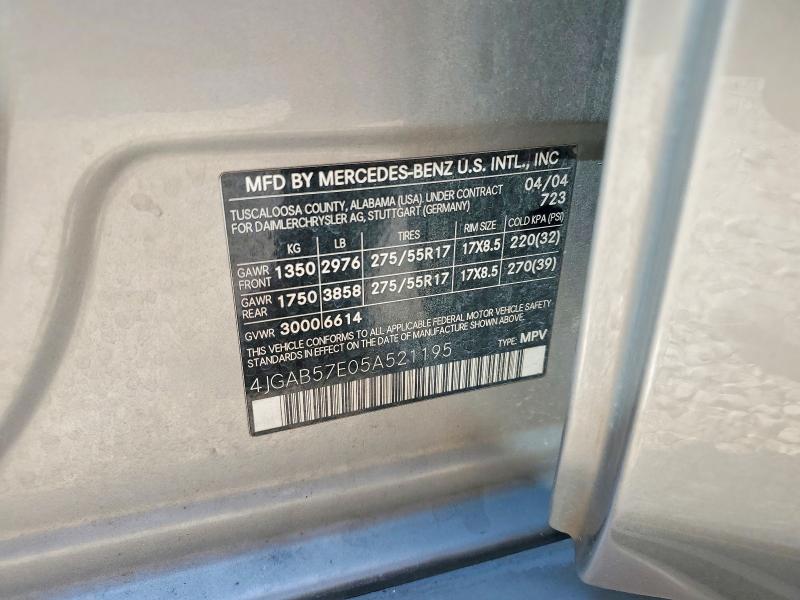 63370386 :رقم المزاد ، 4JGAB57E05A521195 vin ، 2005 Mercedes-benz Ml مزاد بيع