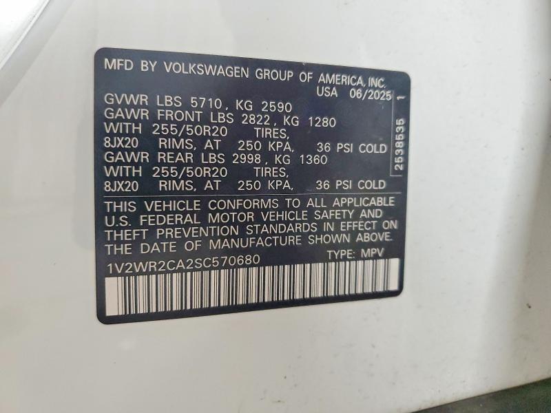 60039976 :رقم المزاد ، 1V2WR2CA2SC570680 vin ، 2025 Volkswagen Atlas مزاد بيع