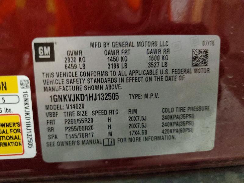 2017 Chevrolet Traverse მანქანა იყიდება აუქციონზე, vin: 1GNKVJKD1HJ132505, აუქციონის ნომერი: 59829076