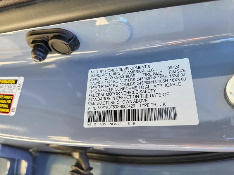 2025 Honda Ridgeline მანქანა იყიდება აუქციონზე, vin: 5FPYK3F83SB005426, აუქციონის ნომერი: 60196996
