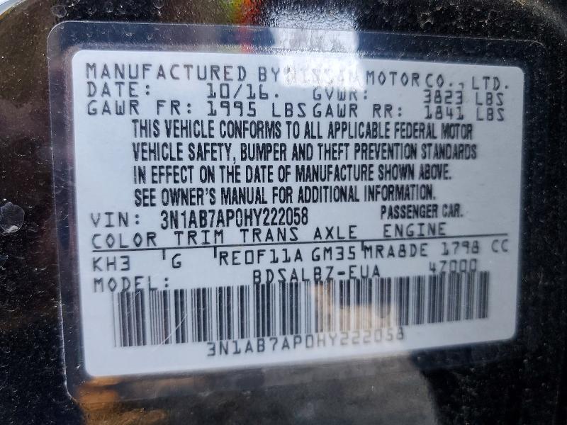 2017 Nissan Sentra მანქანა იყიდება აუქციონზე, vin: 3N1AB7AP0HY222058, აუქციონის ნომერი: 60328036