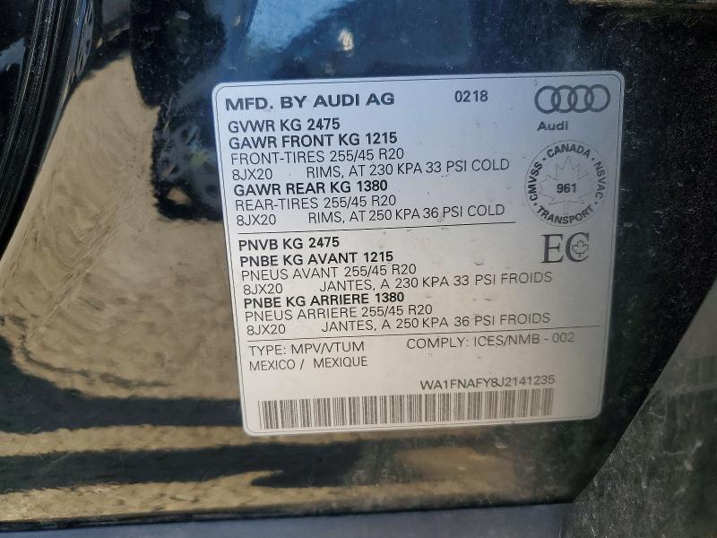 Aukcja sprzedaży 2018 Audi Q5, vin: WA1FNAFY8J2141235, numer aukcji: 61228056