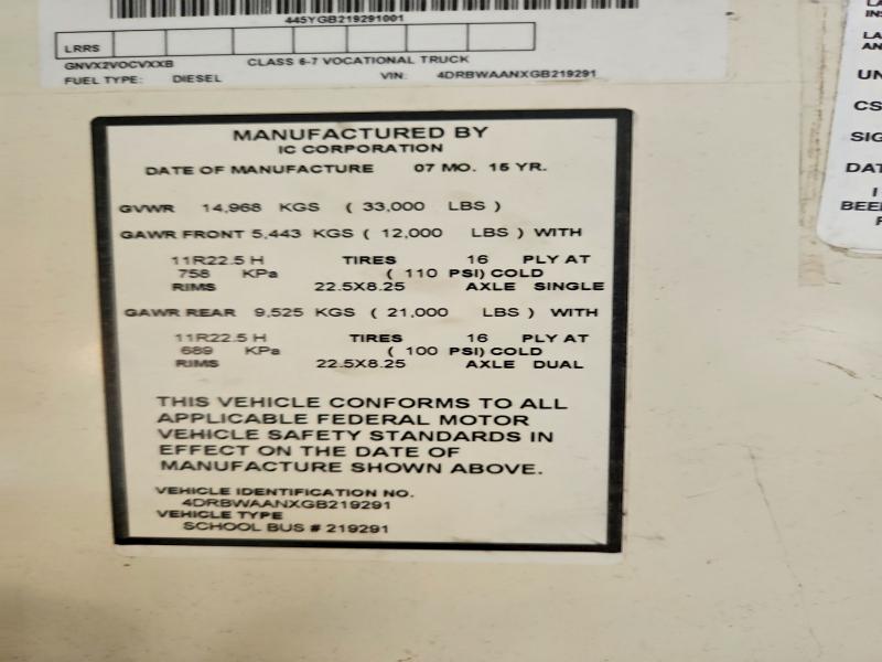 Auction sale of the 2016 Ic Corporation Re Series School, vin: 4DRBWAANXGB219291, lot number: 62043356