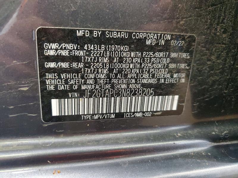 Aukcja sprzedaży 2022 Subaru Crosstrek, vin: JF2GTAPC3N8238205, numer aukcji: 59639016