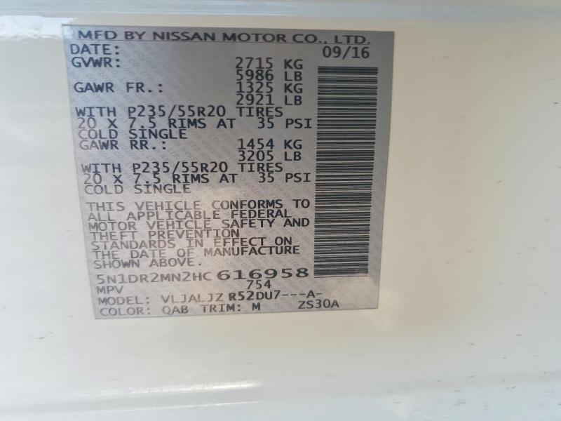 2017 Nissan Pathfinder მანქანა იყიდება აუქციონზე, vin: 5N1DR2MN2HC616958, აუქციონის ნომერი: 62659406