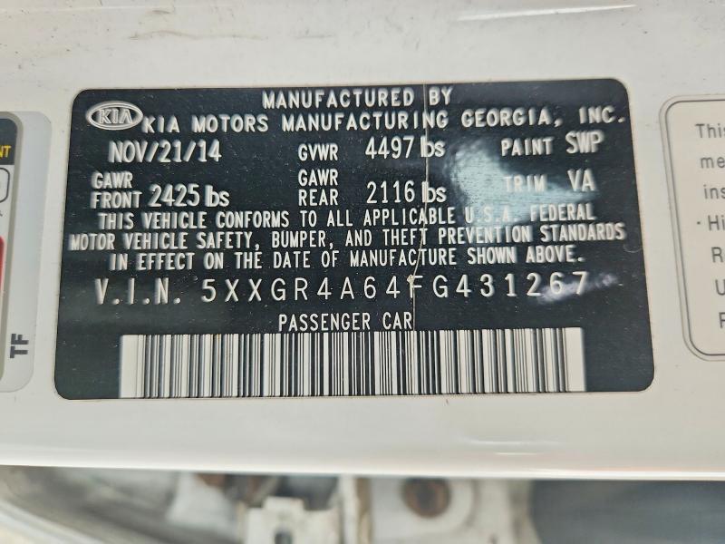 2015 Kia Optima მანქანა იყიდება აუქციონზე, vin: 5XXGR4A64FG431267, აუქციონის ნომერი: 61864936