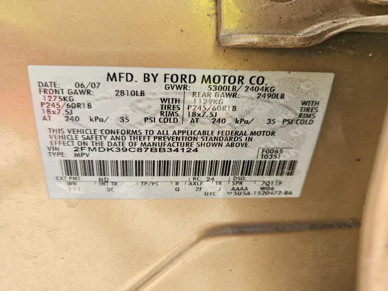 2007 Ford Edge მანქანა იყიდება აუქციონზე, vin: 2FMDK39C87BB34124, აუქციონის ნომერი: 60062816