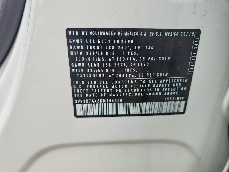 2019 Volkswagen Tiguan მანქანა იყიდება აუქციონზე, vin: 3VV2B7AX8KM194320, აუქციონის ნომერი: 60193396