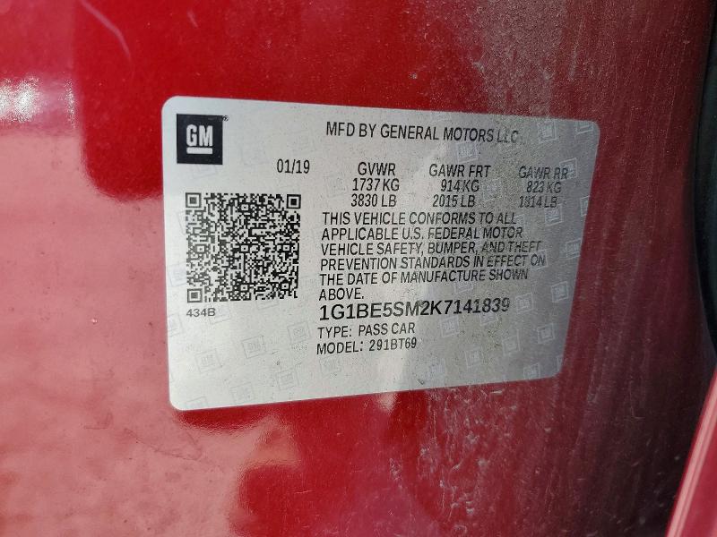 61841736 :رقم المزاد ، 1G1BE5SM2K7141839 vin ، 2019 Chevrolet Cruze مزاد بيع