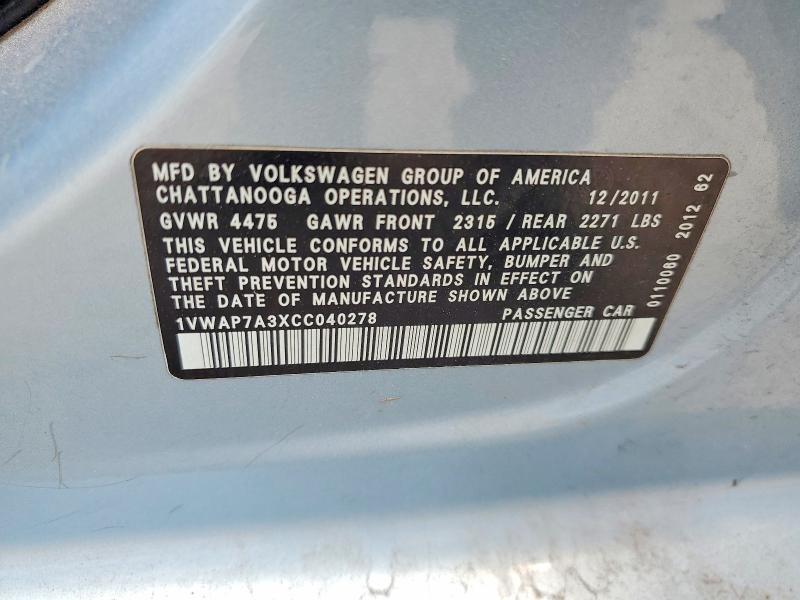 62330246 :رقم المزاد ، 1VWAP7A3XCC040278 vin ، 2012 Volkswagen Passat مزاد بيع