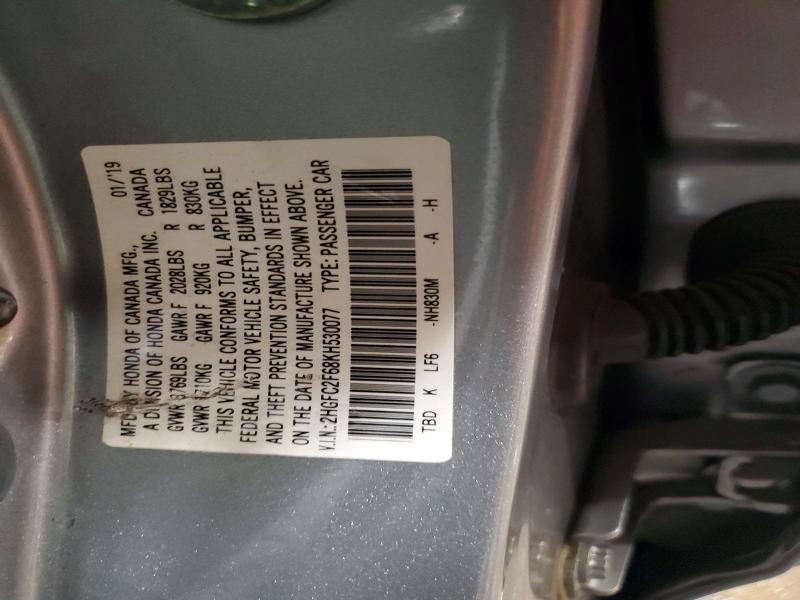 62927946 :رقم المزاد ، 2HGFC2F68KH530077 vin ، 2019 Honda Civic مزاد بيع