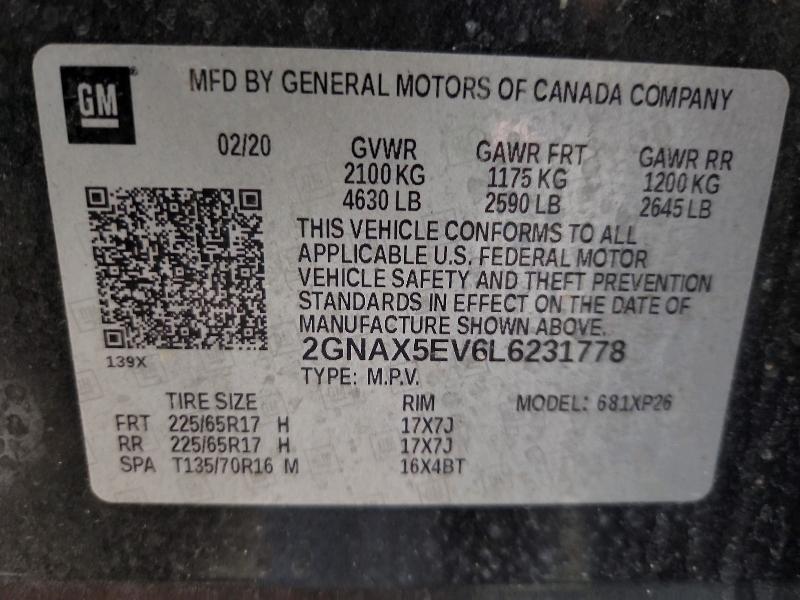 2020 Chevrolet Equinox მანქანა იყიდება აუქციონზე, vin: 2GNAX5EV6L6231778, აუქციონის ნომერი: 60182976
