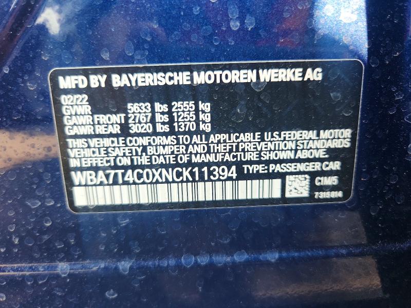 Aukcja sprzedaży 2022 Bmw 740, vin: WBA7T4C0XNCK11394, numer aukcji: 57905056