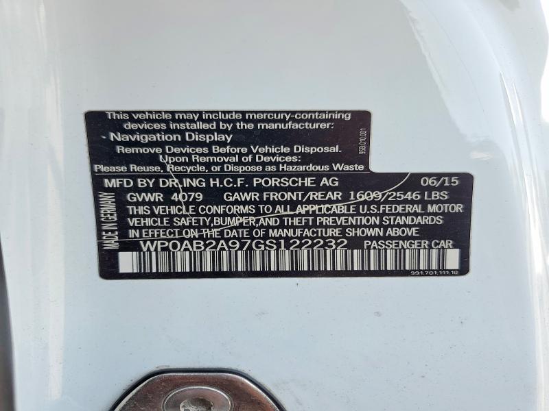 Aukcja sprzedaży 2016 Porsche 911, vin: WP0AB2A97GS122232, numer aukcji: 59263946