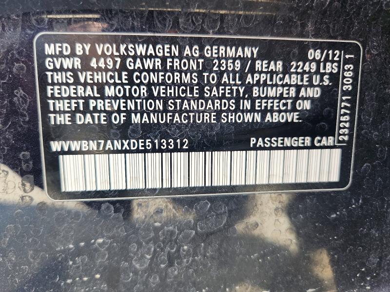 60179106 :رقم المزاد ، WVWBN7ANXDE513312 vin ، 2013 Volkswagen Cc مزاد بيع