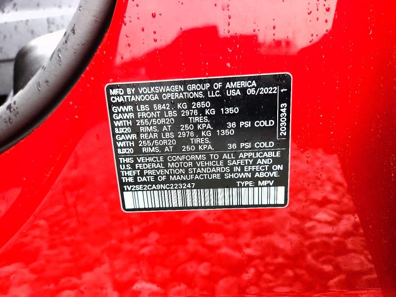 60795236 :رقم المزاد ، 1V2SE2CA9NC223247 vin ، 2022 Volkswagen Atlas Cross Sport مزاد بيع
