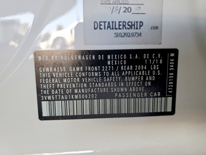 Auction sale of the 2019 Volkswagen Gti, vin: 3VW5T7AU1KM006202, lot number: 62544386
