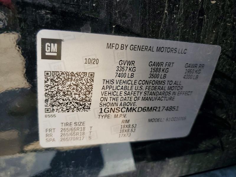 2021 Chevrolet Tahoe მანქანა იყიდება აუქციონზე, vin: 1GNSCMKD6MR174851, აუქციონის ნომერი: 60017236