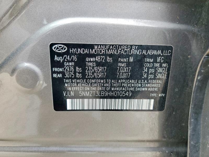 60209706 :رقم المزاد ، 5NMZT3LB9HH010549 vin ، 2017 Hyundai Santa Fe Sport مزاد بيع