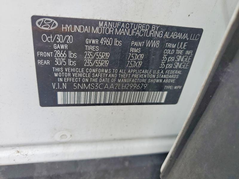 Aukcja sprzedaży 2020 Hyundai Santa Fe, vin: 5NMS3CAA2LH299679, numer aukcji: 59833206