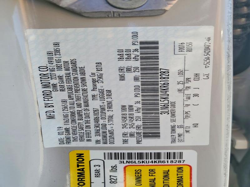 Продаж на аукціоні авто 2019 Lincoln Mkz, vin: 3LN6L5KU4KR618287, номер лоту: 60306296