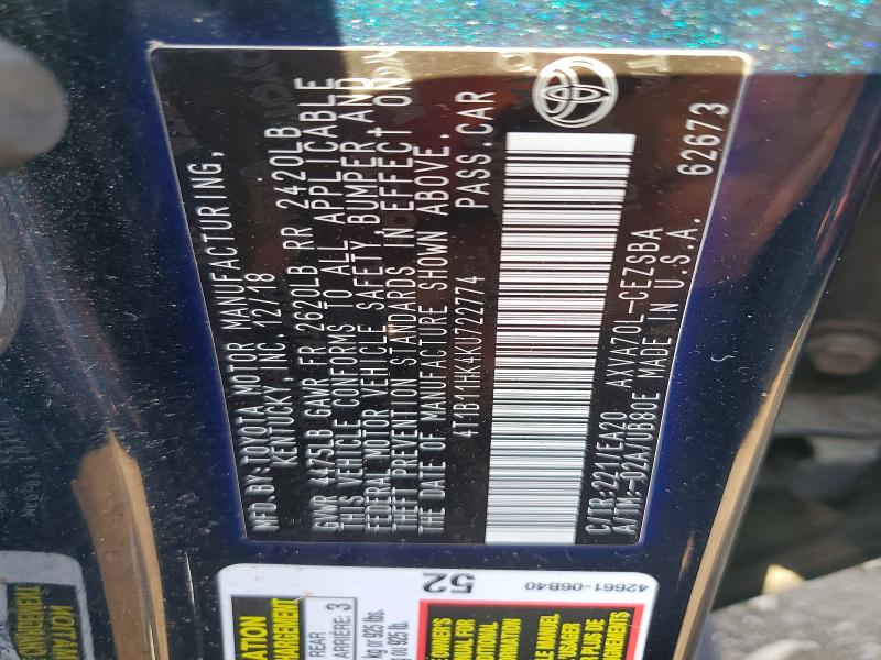 2019 Toyota Camry მანქანა იყიდება აუქციონზე, vin: 4T1B11HK4KU722774, აუქციონის ნომერი: 63093956