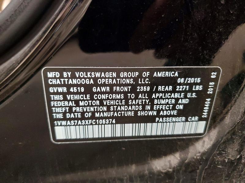 61558226 :رقم المزاد ، 1VWAS7A3XFC105374 vin ، 2015 Volkswagen Passat مزاد بيع