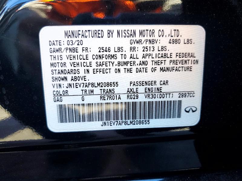 61606896 :رقم المزاد ، JN1EV7AP8LM208655 vin ، 2020 Infiniti Q50 مزاد بيع