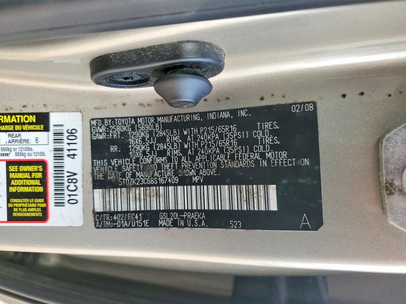 Продаж на аукціоні авто 2008 Toyota Sienna, vin: 5TDZK23C68S167409, номер лоту: 61411706