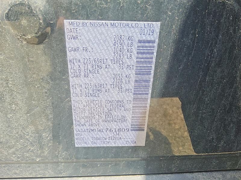 60676936 :رقم المزاد ، 5N1AT2MT5KC761809 vin ، 2019 Nissan Rogue مزاد بيع