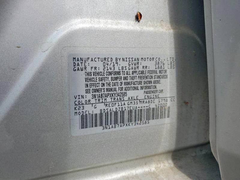 59855506 :رقم المزاد ، 3N1AB7APXKY342585 vin ، 2019 Nissan Sentra مزاد بيع