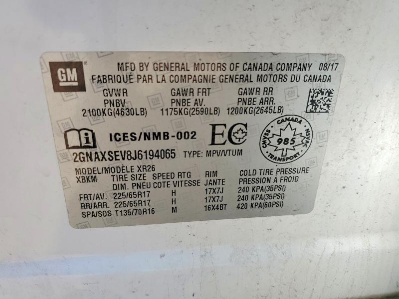 60684646 :رقم المزاد ، 2GNAXSEV8J6194065 vin ، 2018 Chevrolet Equinox مزاد بيع