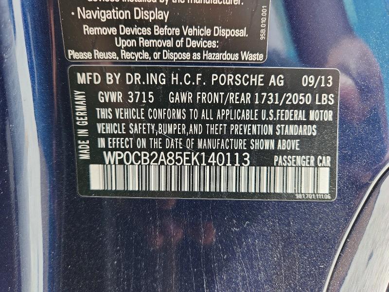 53103056 :رقم المزاد ، WP0CB2A85EK140113 vin ، 2014 Porsche Boxster مزاد بيع