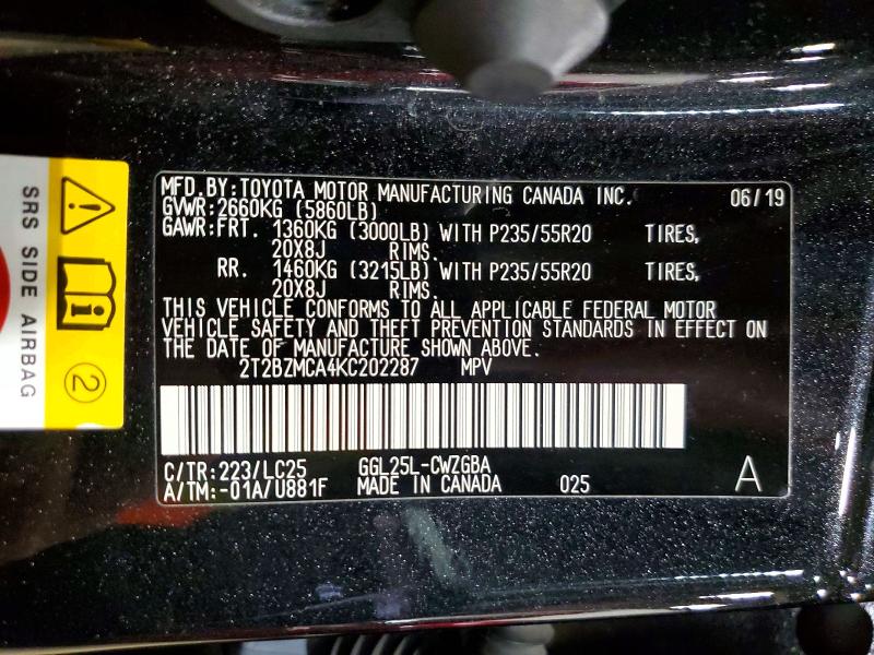 60047856 :رقم المزاد ، 2T2BZMCA4KC202287 vin ، 2019 Lexus Rx 350 مزاد بيع