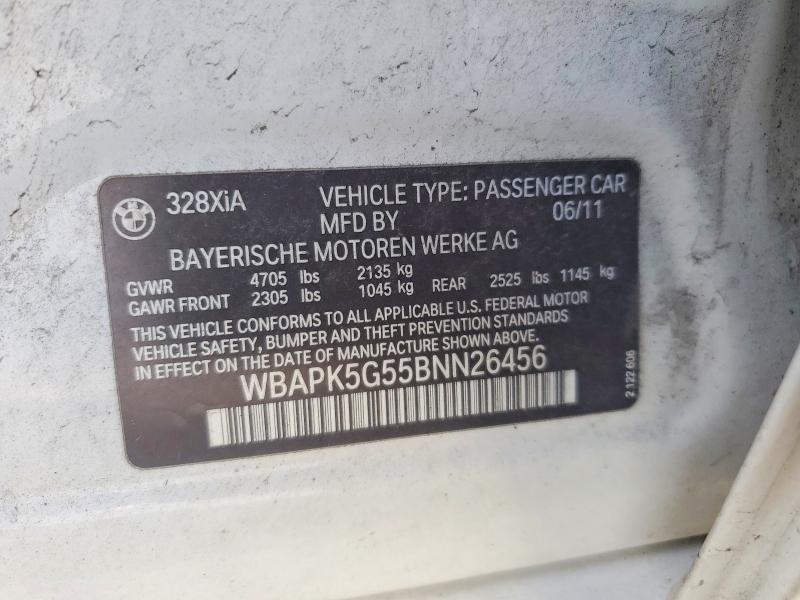 2011 Bmw 328 მანქანა იყიდება აუქციონზე, vin: WBAPK5G55BNN26456, აუქციონის ნომერი: 61521246