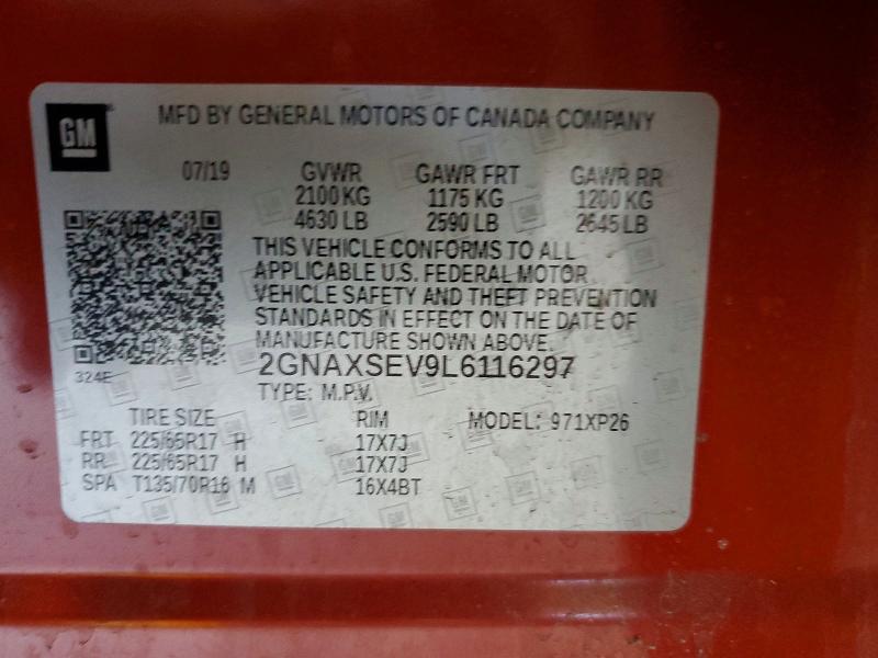 61042166 :رقم المزاد ، 2GNAXSEV9L6116297 vin ، 2020 Chevrolet Equinox مزاد بيع