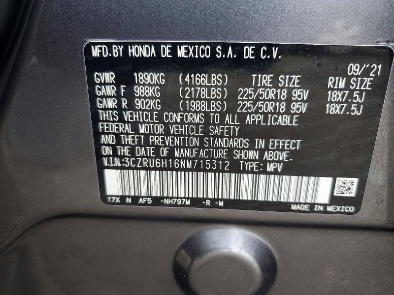 60192606 :رقم المزاد ، 3CZRU6H16NM715312 vin ، 2022 Honda Hr-v مزاد بيع